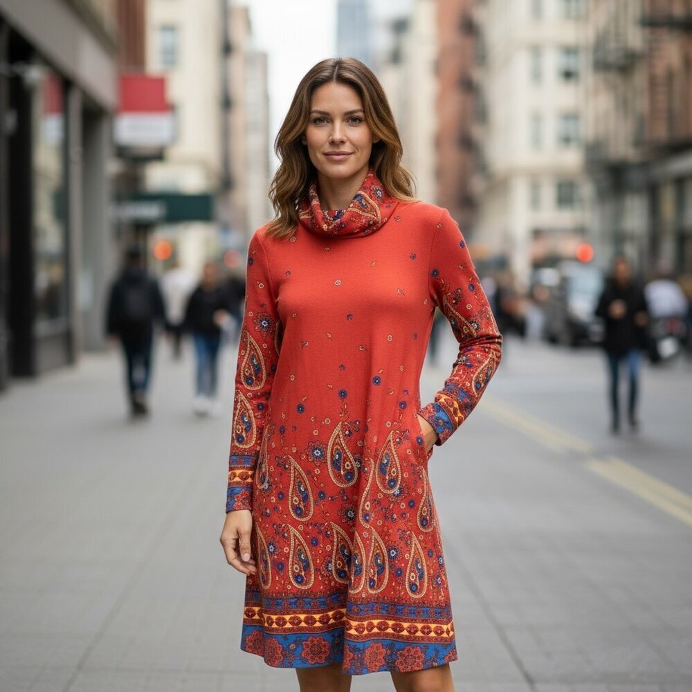 Aryeh Long Sleeve Cowl Neck Dress Sz L Red Multi Paisley Floral #358E